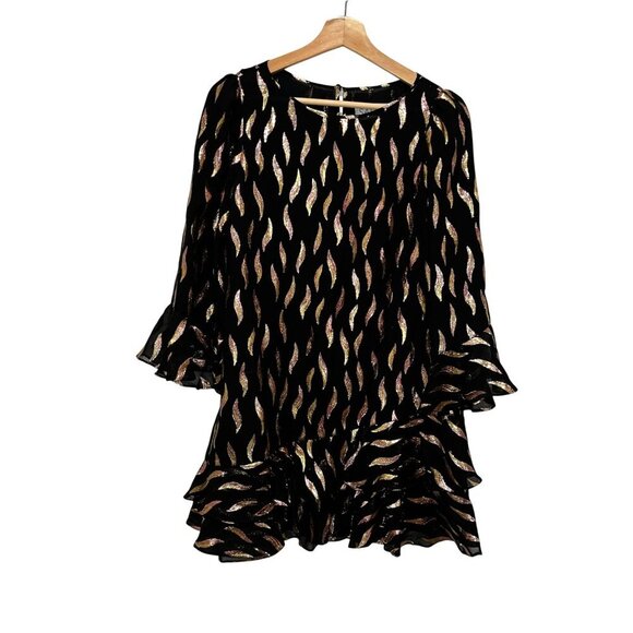 Saloni Black & Metallic Patterned Ruffle Hem Long Sleeve Back Zip Closure Women' - Picture 1 of 11